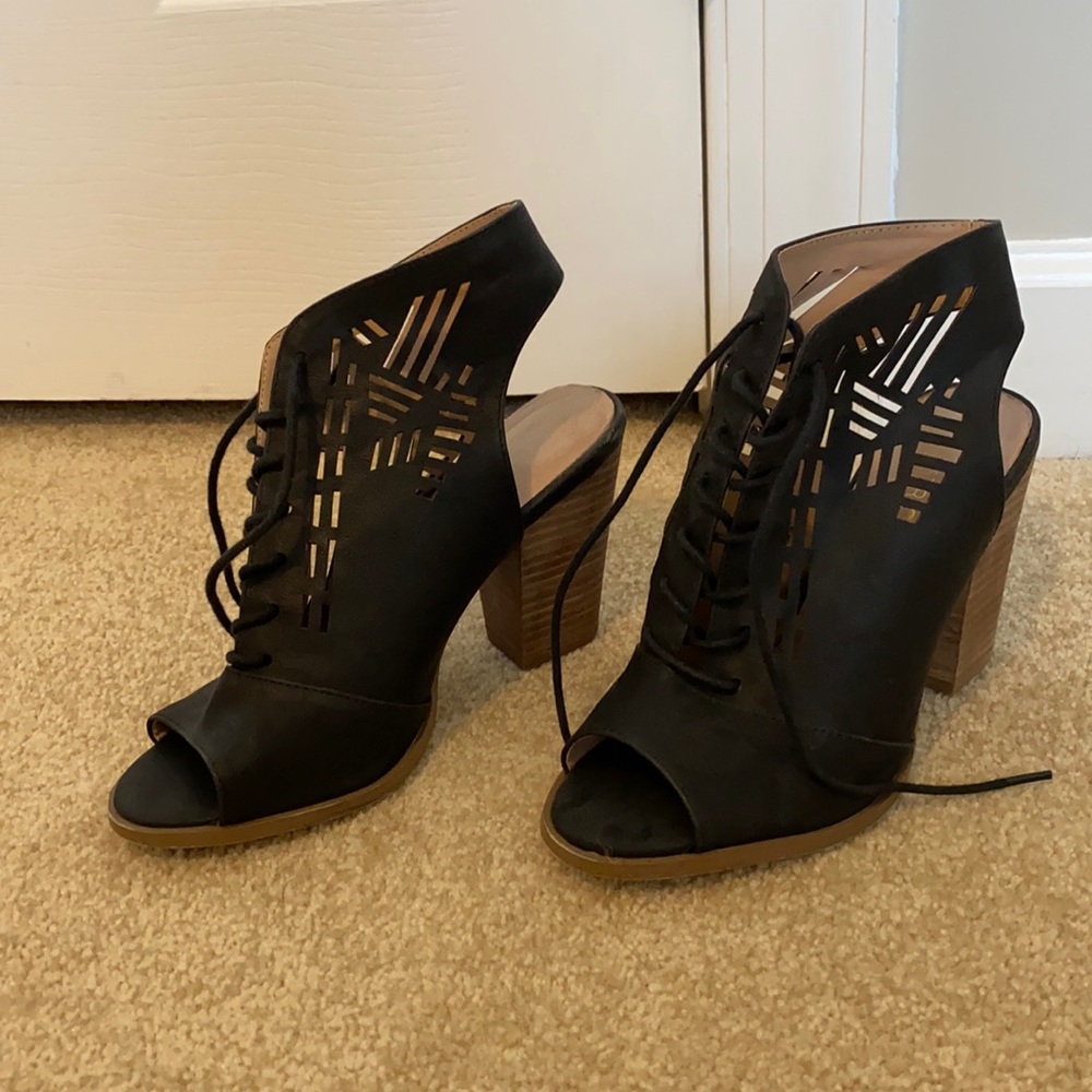 Restricted Black Peep Toe Laser Cut Lace Up Heeled Booties Size 7